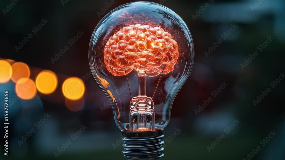 Aufkleber unique light bulb design featuring brain shape illuminated with warm orange glow in dark setting