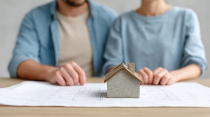 Couple reviewing architectural blueprints, analyzing miniature house model, discussing real estate investment, mortgage strategies, and future property ownership