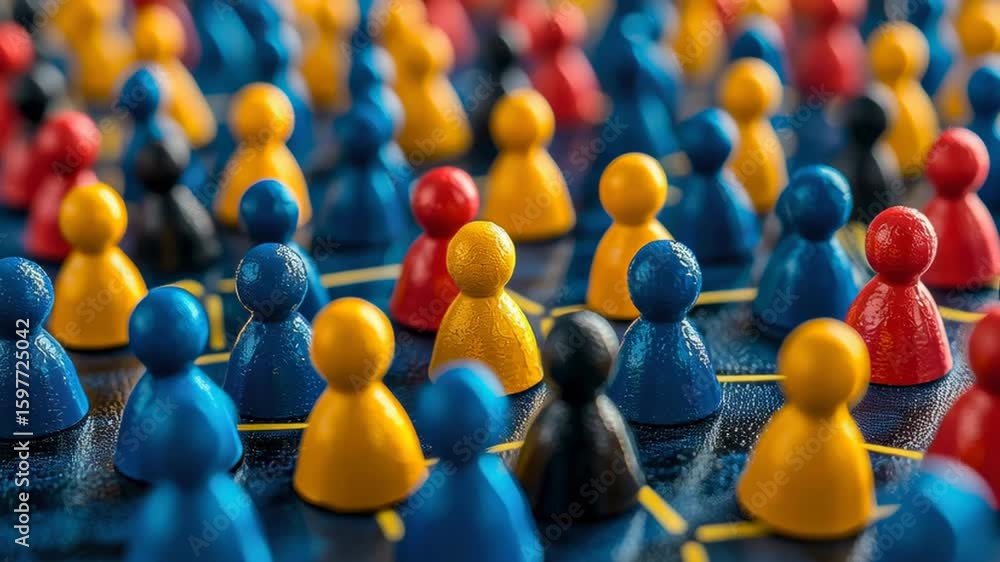 Poster colorful game pieces on a game board in a strategic layout for teamwork and collaboration concepts