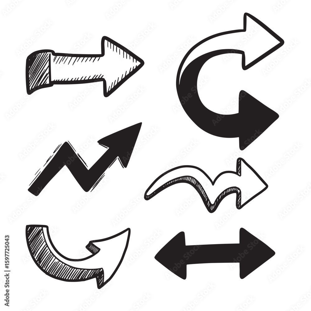Poster set of hand drawn arrows in various shapes and directions for design and visual communication
