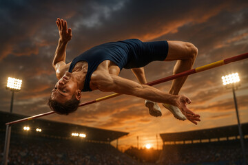 Photorealistic high jumper mid-air above bar with dramatic stadium lighting at sunset. Concept of athletic excellence, focus, technique, peak performance, and competitive sports.