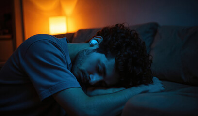 Young man sleeps on couch with wireless earphones. Relaxed male rests peacefully indoors at night with eyes closed. Soft blue, warm orange light creates calming ambiance for slumber. Comfortable