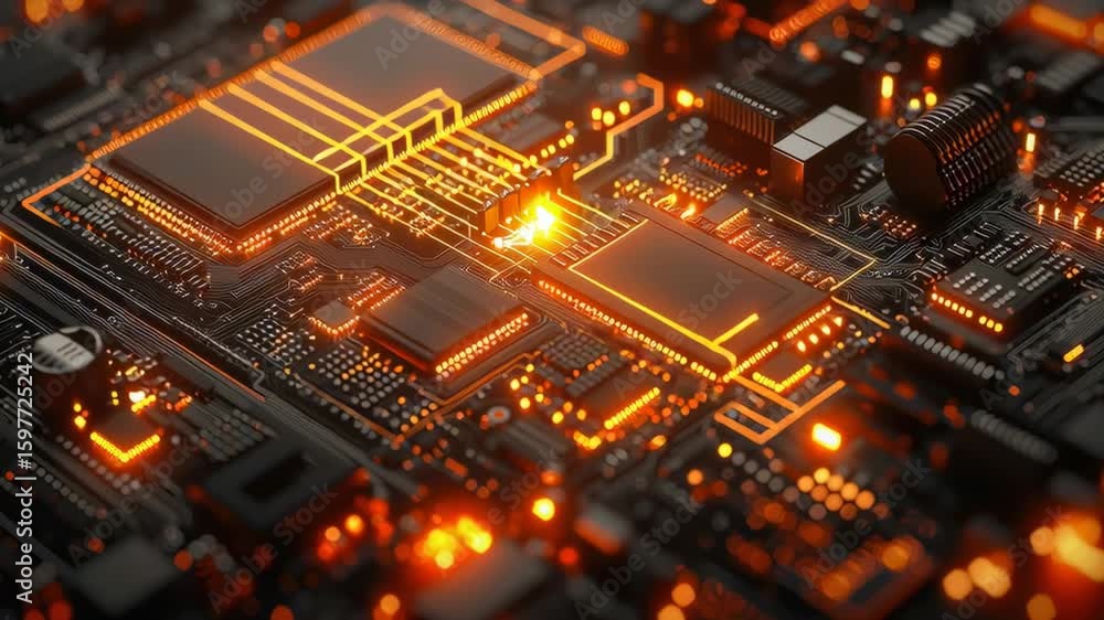 Aufkleber abstract close-up of a circuit board with glowing orange lights and complex components