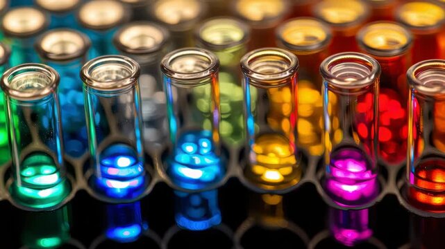 Colorful test tubes filled with vibrant liquids arranged in a gradient pattern on a dark surface