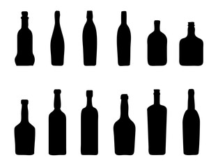 set of silhouettes of bottles of alcoholic. set of black glossy wine bottles with highlight