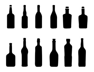 set of silhouettes of bottles of alcoholic. set of black glossy wine bottles with highlight