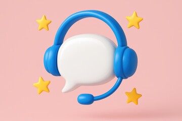 Blue Headset and Speech Bubble Receives Glowing Yellow Stars Against a Pink Backdrop, Illustrating Excellent Customer Service and Communication.