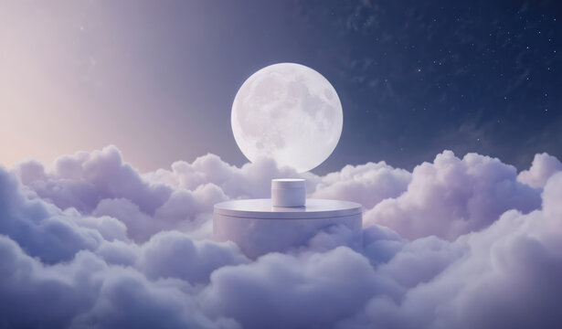3D rendering of minimalist podium in clouds at night, featuring cosmetic product jar under full moon. Skincare advertising visual blends celestial elements with dreamlike atmosphere for night cream