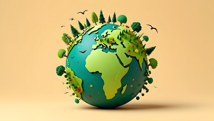 Earth day illustration of globe with trees and birds for environmental awareness day