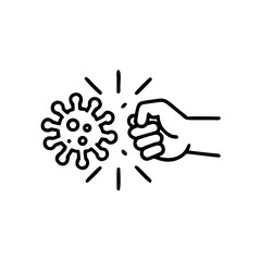 fist kick by bacteria icon in line style, protect on virus isolated on white background , symbol conquer infection disease, protection virus business concept, vector illustration