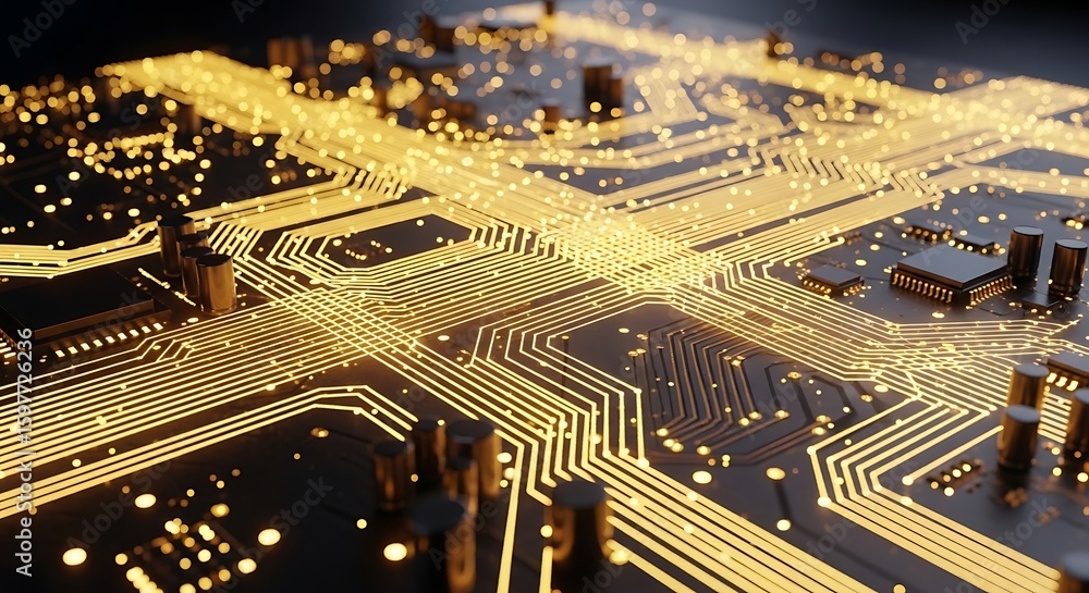 Poster close-up of a detailed circuit board with glowing golden pathways and components, showcasing intrica