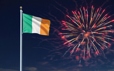 National flag independence state Ireland, background fireworks. AI Generative