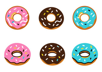 Set of cartoon colorful donuts isolated on white background. The view from the top and from the side. Vector illustration