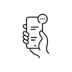 hand holding his phone icon, hand texting to someone on a message app, typing with a speech bubble, Editable stroke, vector illustration