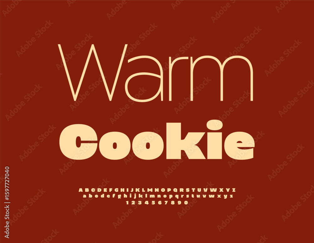 Poster vector stylish label warm cookie. typographic modern font. bold minimalistic alphabet letters and nu