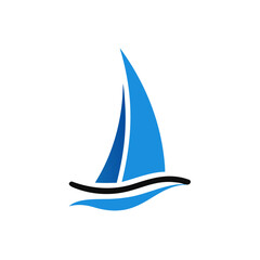 blue Sailing boat logo icon abstract vector template. Sailboat on the waves. Vector illustration