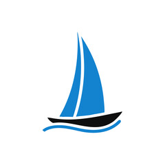 blue Sailing boat logo icon abstract vector template. Sailboat on the waves. Vector illustration