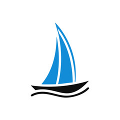 blue Sailing boat logo icon abstract vector template. Sailboat on the waves. Vector illustration