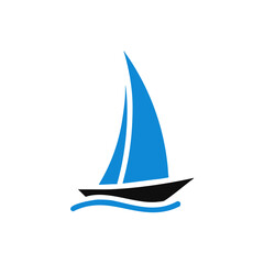 blue Sailing boat logo icon abstract vector template. Sailboat on the waves. Vector illustration