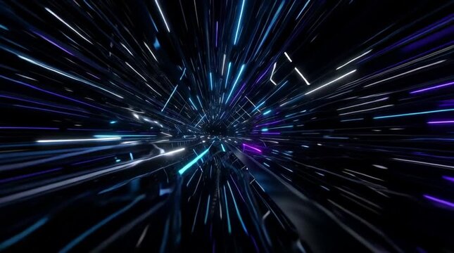 laser-like neon beams zipping through a dark tunnel, speed trails and pulsing glow, immersive 3D space

