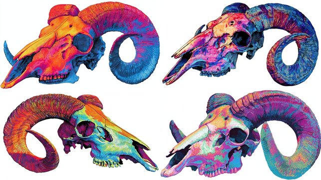 Four vibrant, colorful, stylized ram skulls