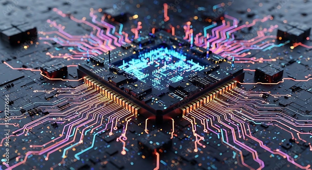 Poster close-up of a glowing central processing unit (cpu) with intricate circuit pathways radiating outwar
