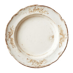 Off-white shallow bowl with distressed edges and subtle gold floral detailing