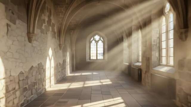 Sun rays in old stone monastery interior	