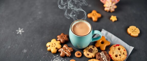 Steaming mug of hot cocoa, assorted cookies on dark grey, flat lay,  chocolate,   winter drink