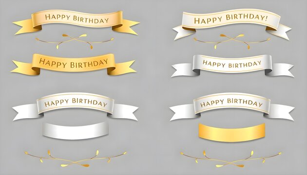 Gold and silver ribbon banners with happy birthday message elegantly arranged on neutral gray background for celebration design