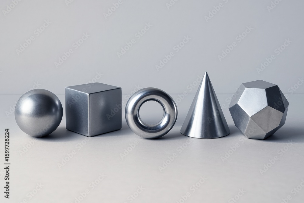 Poster metallic geometric figures stand elegantly in simple composition, showcasing modern design with thei