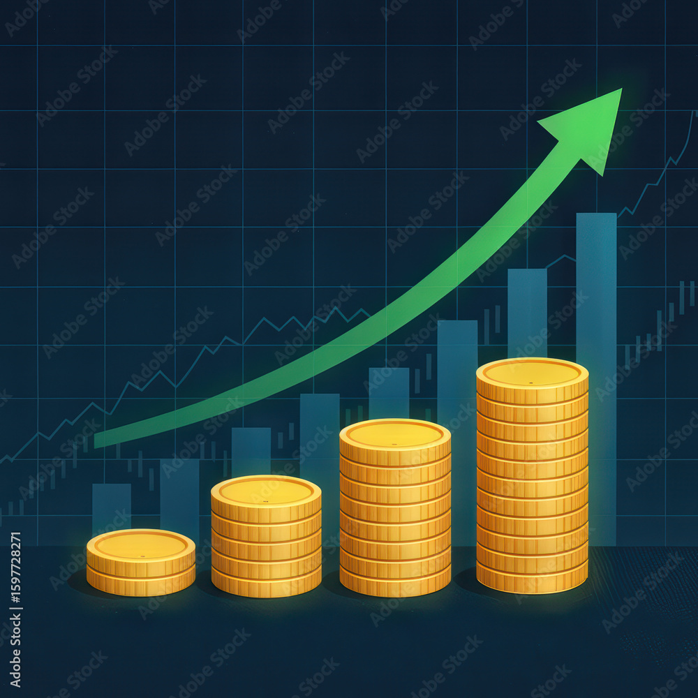 Aufkleber growth arrow simple compose motivational stock chart with stack of coins, ideal for inspiring financ
