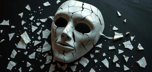 Cracked porcelain mask, shards scattered on dark surface,  hidden,  alienation