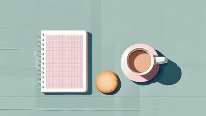 Morning Coffee and Notebook Flat Lay for Work or Study Graphic Pastel Aesthetic Minimalist Workspace Concept