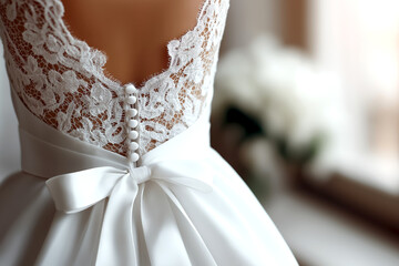 Exquisite detail of a white corset back on a wedding dress featuring delicate lace and satin ribbons, embodying elegance and craftsmanship for a special day.