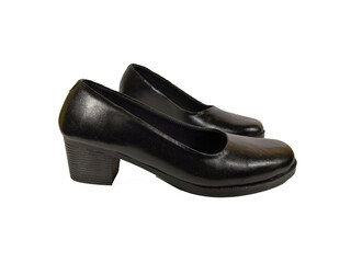 Elegant female black leather shoes on a white background, isolated product, comfortable footwear...