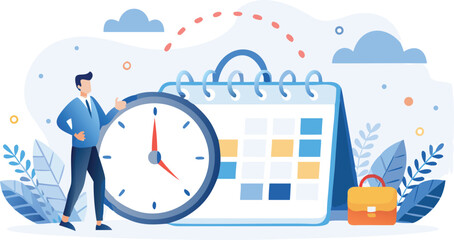 Man with clock and calendar showing time management and scheduling in a business setting illustration