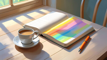 Morning Relaxation with Coffee Book and Sunlight Open Notebook with Colorful Pages and an Orange Pen Resting on a Wooden Table