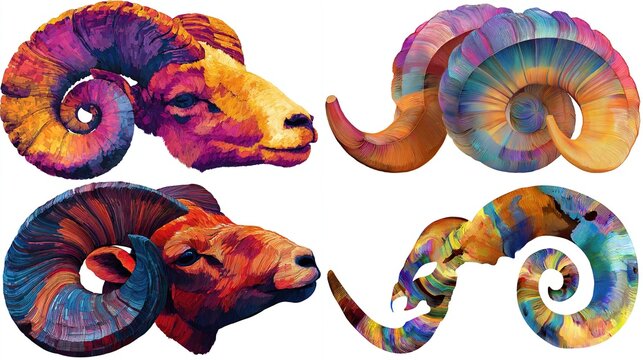Four colorful ram heads and horns, stylized with swirling paint-like patterns in vibrant hues of orange, pink, purple, and yellow