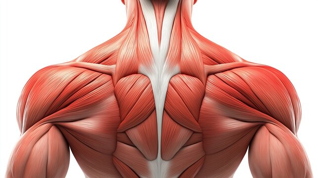 Detailed illustration of human back muscles in close up view on white background for medical education and anatomy training material showcasing muscular structure