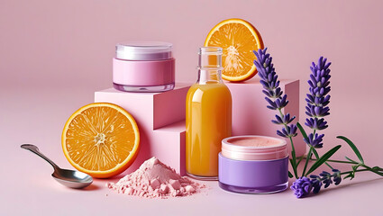 Natural Beauty Products with Orange and Lavender in a Modern Pink Setting for Wellness and Skincare Promotion