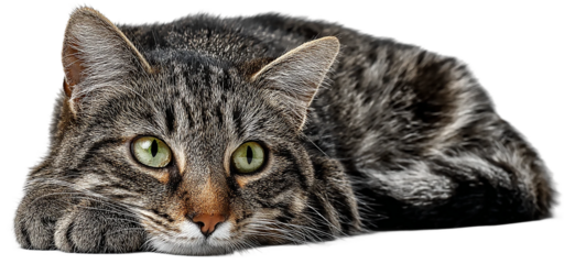A gray tabby cat with green eyes is lying down and resting, isolated on transparent background