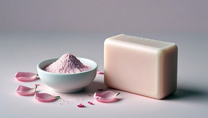 Natural soap bar and flower powder in a bowl alongside pink rose petals create a spa aesthetic perfect for skincare promotion