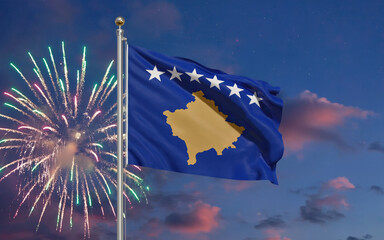 National flag independence state Kosovo, background fireworks. AI Generative