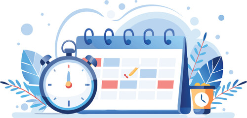 Illustration featuring a calendar, stopwatch, and cup with clock, set against floral accents