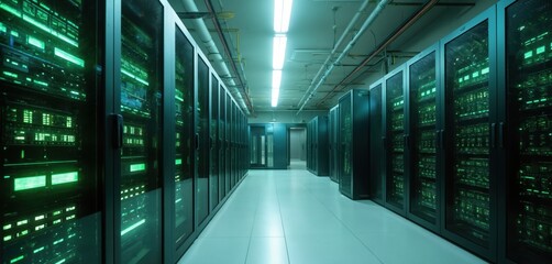 Modern server room with rows of racks containing glowing green computer servers. This data center infrastructure supports processing, storage, and network operations.