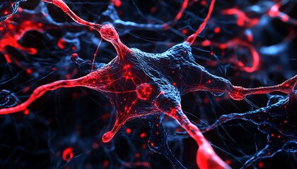 Scarlet and navy neural webs spreading across hyper-real digital matrix