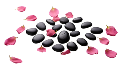 Tranquil Zen Stones with Rose Petals: A serene arrangement of smooth, dark Zen stones is delicately adorned with scattered pink rose petals.