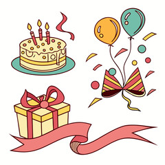 Illustration of a birthday cake with candles, balloons, party hats, gift, and ribbon decoration design