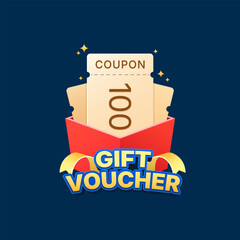 Gift Voucher Coupon 100 Value in Red Envelope with Ribbon and Sparkle Background for Shopping Promotion and Special Offer Design Template